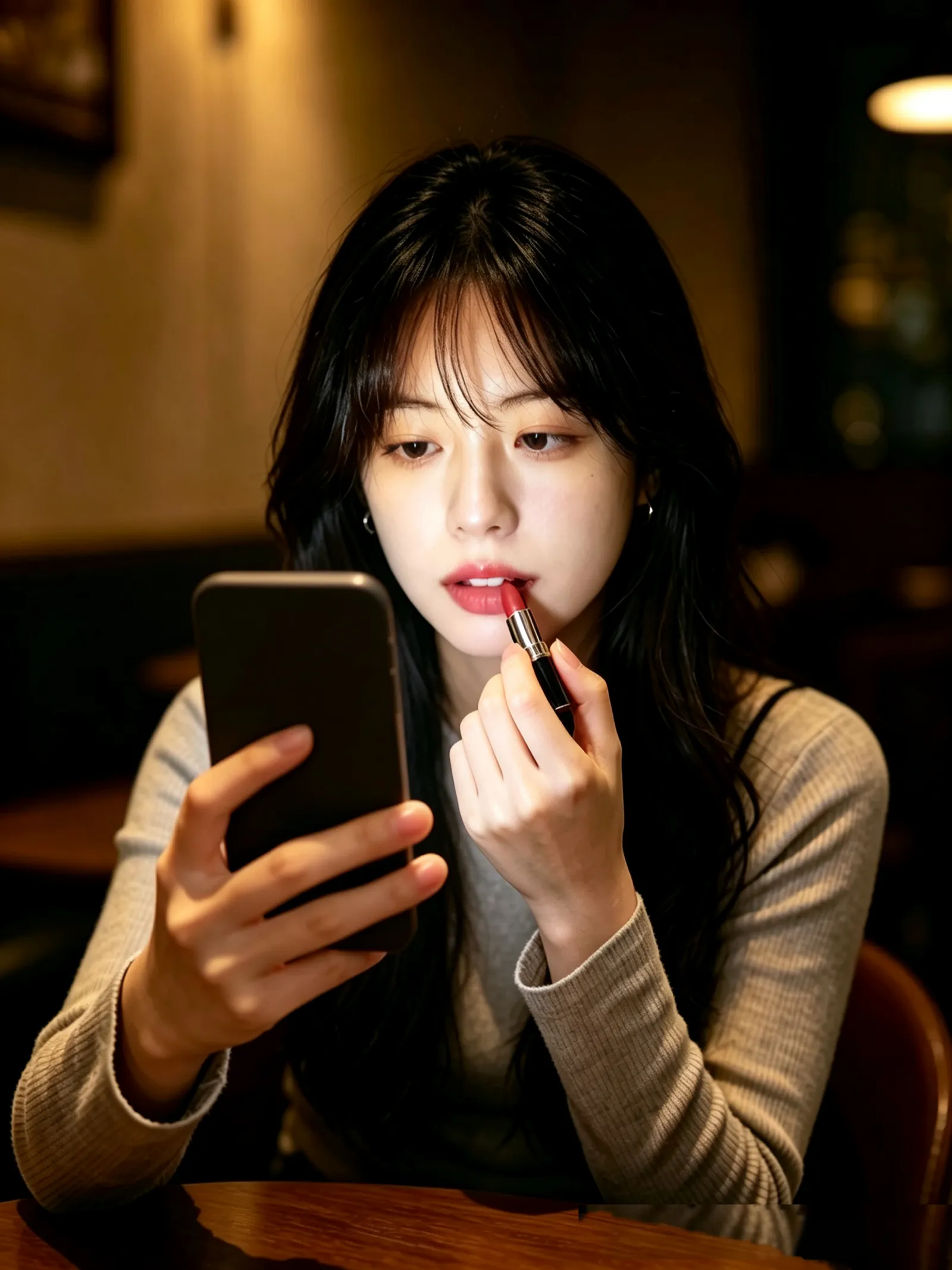 Applying makeup with phone screen light in a dark setting